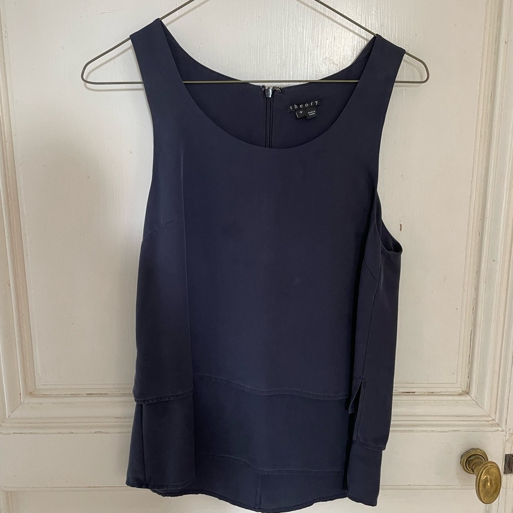 THEORY Sleeveless Silk Navy Blouse